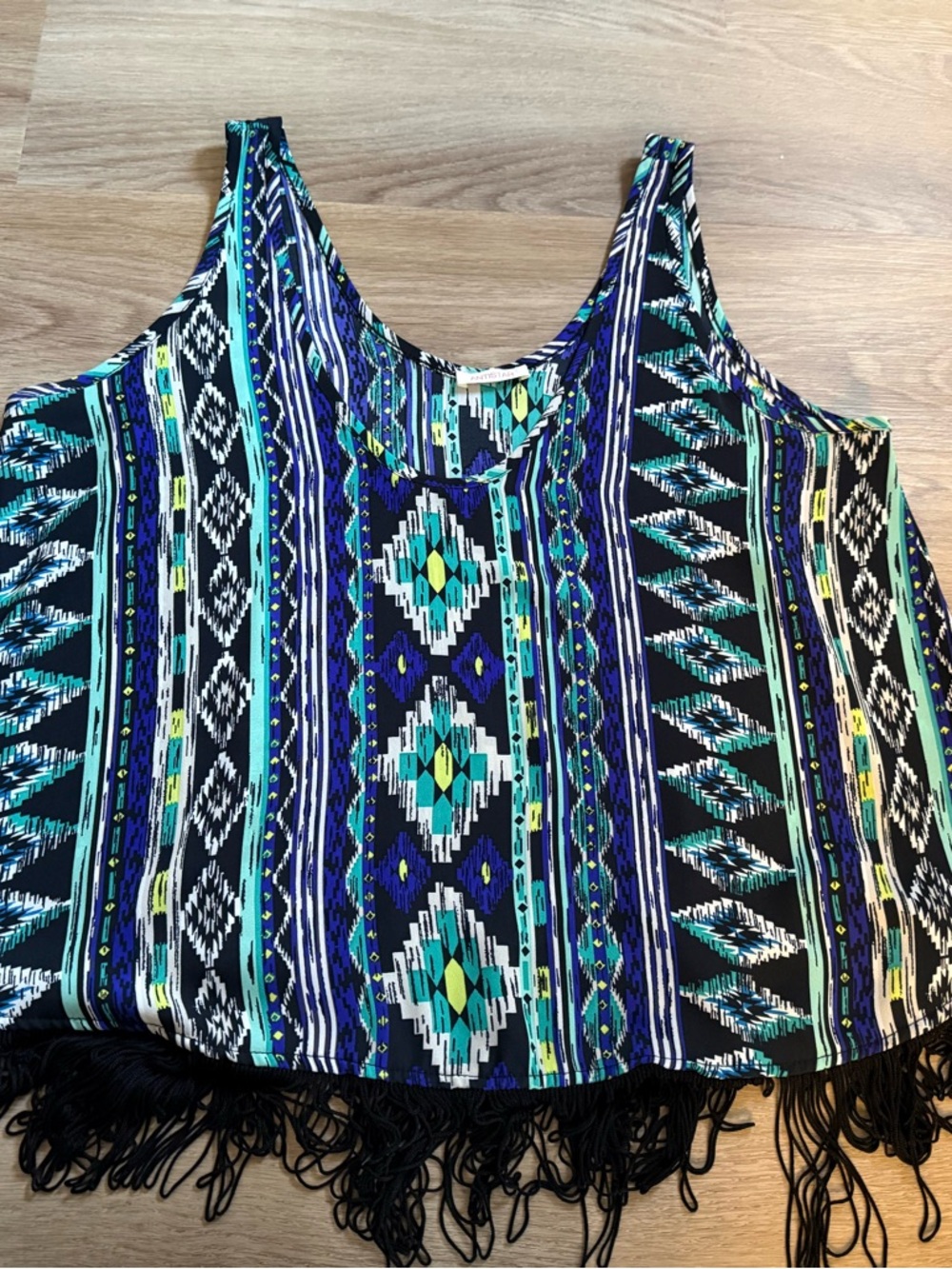 FREE with bundle 
Boho Fringe Tank Top in Blue Aztec Print